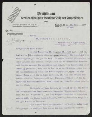 Brief von Genossenschaft Deutscher Bühnen-Angehörigen  an Gerhart Hauptmann