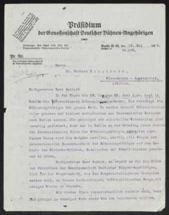 Brief von Genossenschaft Deutscher Bühnen-Angehörigen <Berlin> an Gerhart Hauptmann