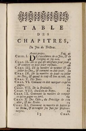 Table Des Chapitres, Du Jeu du Trictrac