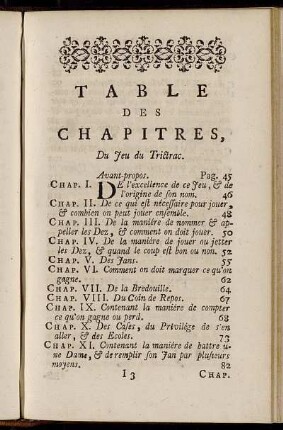 Table Des Chapitres, Du Jeu du Trictrac