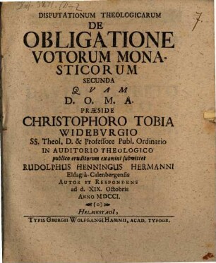 Disputationum theol. de obligatione votorum monasticorum secunda