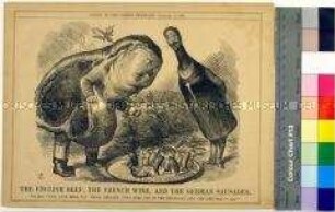 Karikatur aus dem "Punch" auf die Großmachtattituden Großbritanniens und Frankreichs gegenüber preußischer Politik in der schleswig-holsteinischen Frage (in englischer Sprache)