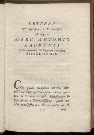 Lettera All'Illustrissimo, e Reverendissimo Monsignore Marc' Antonio Laurenti Medico primario del Regnante Santissimo Benedetto XIV.