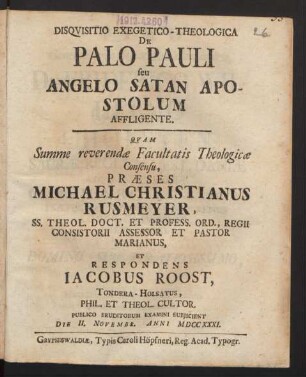 Disquisitio Exegetico-Theologica De Palo Pauli seu Angelo Satan apostolum Affligente