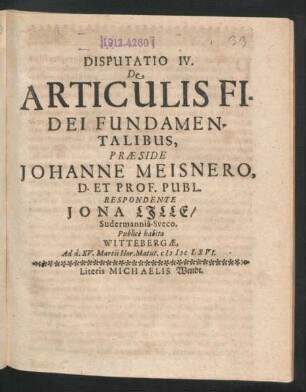 Disputatio IV. De Articulis Fidei Fundamentalibus
