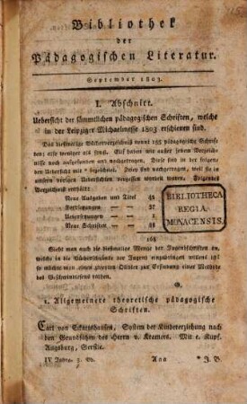 Bibliothek der pädagogischen Literatur : verbunden mit einem Correspondenzblatte, welches pädagogische Abhandlungen, Aufsätze, Anfragen, Nachrichten, Wünsche, Zweifel, Vorschläge & c. enthält, und einem Anzeiger. 1803,3