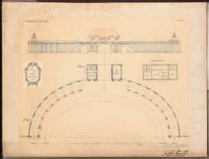 Erziehungsheim Schinkelwettbewerb 1909: Haupteingang mit Pförtnerhaus. Ansicht, Grundrisse 1:150