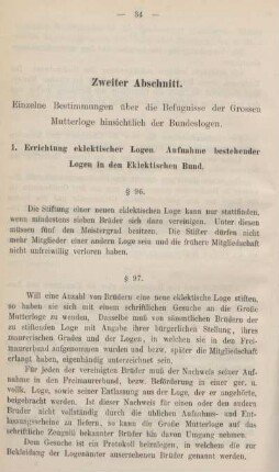 1. Errichtung eklektischer Logen. Aufnahme bestehender Logen in den Eklektischen Bund.