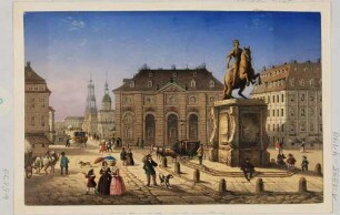 Der Neustädter Markt in Dresden nach Süden, mit dem Blockhaus (Neustädter Wache) und dem Reiterstandbild (Goldener Reiter) des Kurfürsten Friedrich August II.