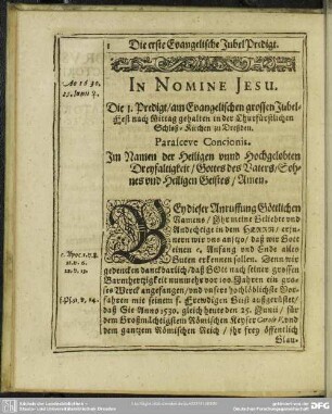 Die erste Evangelische Jubel Predigt