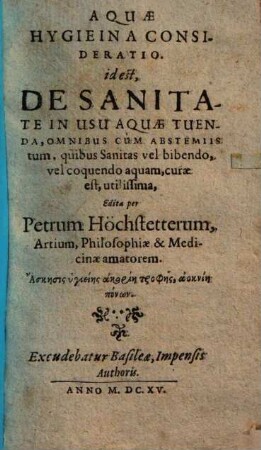 Aquae hygieina consideratio i. e. de sanitate in usu aquae tuenda ...