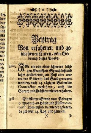 Beytrag Von erfahrnen und geschehenen Curen, von Gebrauch dieses Baads.