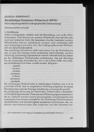 Rückläufiges Persisches Wörterbuch (RPW) : Eine computergestützte lexikographische Untersuchung