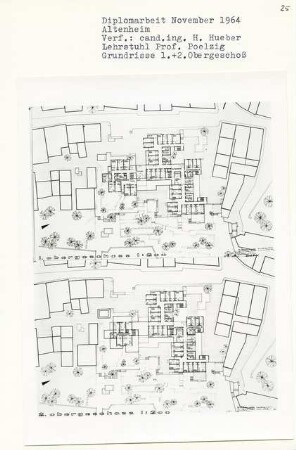 Altenheim (Diplomarbeit bei Peter Poelzig): Grundrisse 1. Obergeschoss und 2. Obergeschoss 1:200