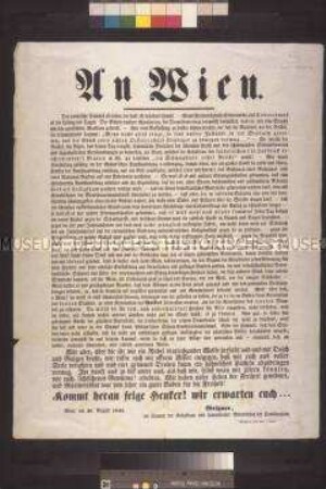Maueranschlag: Aufruf der Mitarbeiter der Constitution an die Wiener; Wien, 30. August 1848