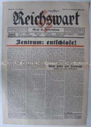 Nationalistische Wochenzeitung "Reichswart" u.a. zur Situation in der Zentrumspartei