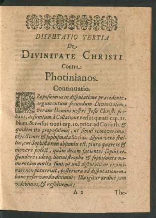 Disputatio Tertia De Divinitate Christi Contra Photinianos.