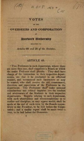 Votes of the overseers and corporation of Harvard University relating to articles 60 and 28 of the statutes