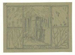 Exlibrisstudie für Lothar Freiherr v. Perfall : Fünfteilige Darstellung, Mittelbild mit Darstellung eines Jägers mit seinem Hund unter einem Baum, Zeichnung beidseitig flankiert von Pflanzendarstellungen