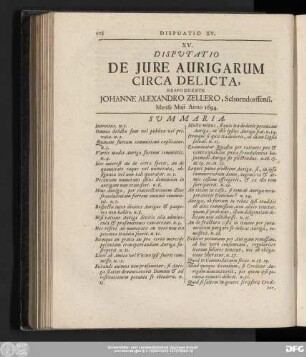 XV. Disputatio De Iure Aurigarum Circa Delicta, Respondente Iohanne Alexandro Zellero, Schorndorffensi. Mense Maii Anno 1694.