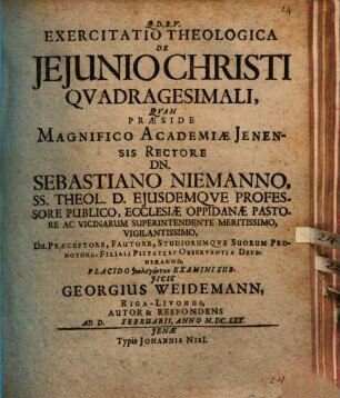 Exercitatio Theologica De Ieiunio Christi Quadragesimali