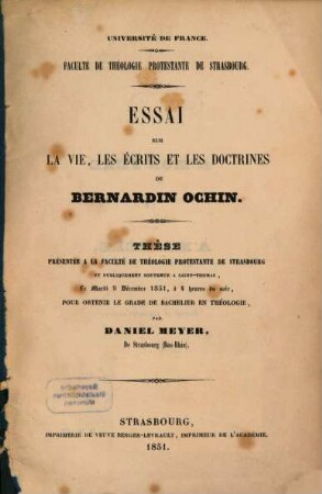Essai sur la vie, les écrits et les doctrines de Benard in Ochin : (Diss.)