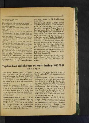 Vogelkundliche Beobachtngen im Kreise Segeberg 1943-1947