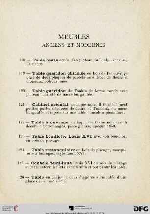 Meubles anciens et modernes (Nr. 118-148)