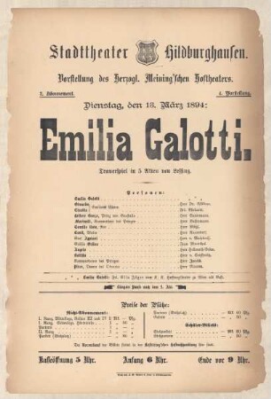 Theaterzettel zur Aufführung des Trauerspiels "Emilia Galotti. von Gotthold Ephraim Lessing" in der Spielzeit 1893/94 des Herzoglichen Sachsen-Meiningischen Hoftheaters im Stadttheater Hildburghausen.