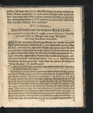 XII. Postulata, Vom Glauben und der wahren Kirch Christi.