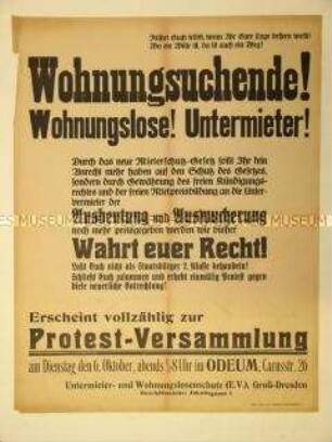Aufruf zu einer Protestversammlung Wohnungssuchender, Wohnungsloser und Untermieter gegen das neue Mieterschutzgesetz