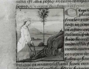 Ceres mit Ochsengespann. Miniatur und Text, Blatt 11r : Ceres mit Ochsengespann. Miniatur und Text, Blatt 11r. Pergament; 45 x 40 mm (Miniatur). Aus: Boccaccius, Johannes: De mulieribus claris. Bourges: L. V. 15. Jh. Dresden: SLUB Mscr.Dresd.F.171.b