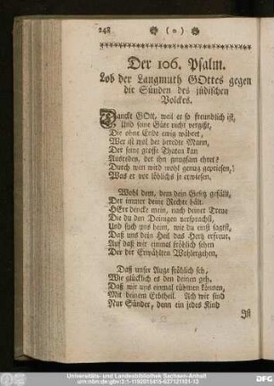 Der 106. Psalm. Lob der Langmuth Gottes gegen die Sünden des jüdischen Volckes.