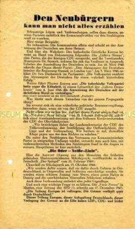 Propagandaflugblatt der KPD Hessen zur Aufnahme der Umsiedler und Flüchtlinge