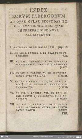 Index Eorum Parergorum Ad Quae Curaf, Secundae Et Observationes Reliquae In Praefatione Nova Accesserunt