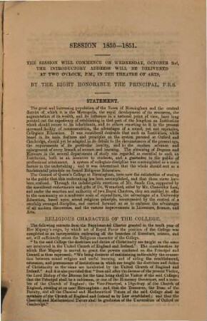 Statement of the arrangements in the several Departments of the Queen's College, Birmingham : 1850 - 1851