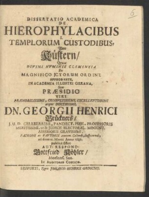 Dissertatio Academica De Hierophylacibus S. Templorum Custodibus