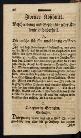 Zweiter Abschnitt. Beschreibung und Geschichte jeder Kolonie insonderheit.