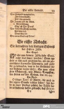 Die eilffte Andacht. Sie betrachten den blutigen Schweiß des HErrn JEsu.