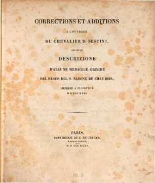 Descrizione d'alcune medaglie greche del museo del barone Stan. di Chaudoir, 2. Corrections et Additions