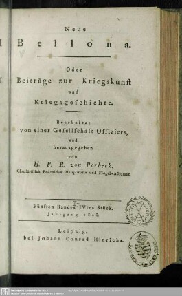 5.1803: Neue Bellona oder Beyträge zur Kriegskunst und Kriegsgeschichte