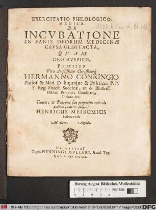 Exercitatio Philologico-Medica. De Incubatione In Fanis Deorum Medicinae Causa Olim Facta