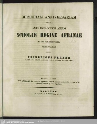 1859: Memoriam anniversariam dedicatae ante hos ... annos Scholae Regiae Afranae ... pie celebrandam indicit