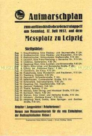 Aufruf der Antifaschistischen Aktion Leipzig zu einem "Generalappell" im Vorfeld der Reichstagswahl im Juli 1932, rückseitig Wahlpropaganda für die KPD