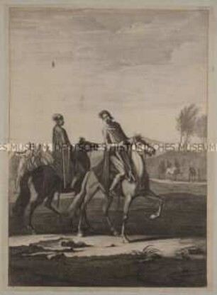 Landschaft mit verstreuten Reitergruppen in orientalischer Kleidung