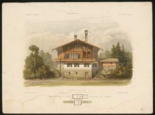 Schweizerhaus, Klein-Glienicke: Grundriss, Ansicht von der Giebelseite (aus: Architektonisches Skizzenbuch, H. 87/5, 1867)