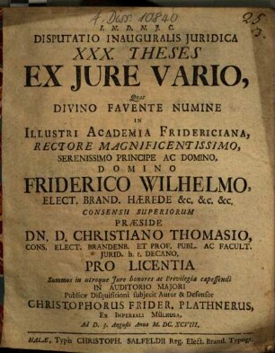 Disputatio Inauguralis Iuridica XXX. Theses Ex Iure Vario