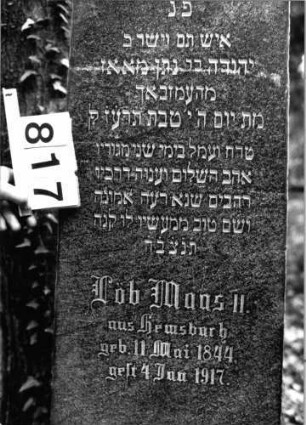 Grabstein 817 (Index: 99802355) Material: Granit, poliert Zustand: sehr gut Maße HxBxT: 198x41x16 cm Beschreibung: Sockel, Stele mit Flachbogenabschluß Symbolik: Davidstern Besonderheit: Endreim: Grabstein 817 (Detailaufnahme)