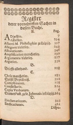 Register derer vornehmsten Sachen in diesem Buche