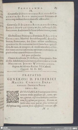 Praefatio. Generosi D. Friderici Magni